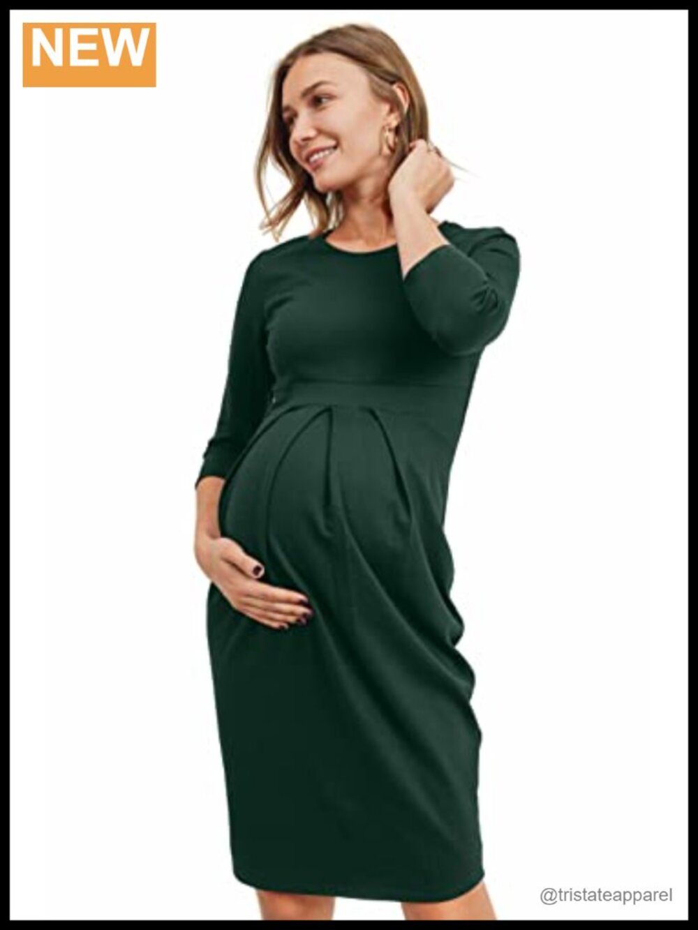 Midi Maternity Dress 3/4 Sleeve Scoop Neck Empire Waist Viscose Jersey